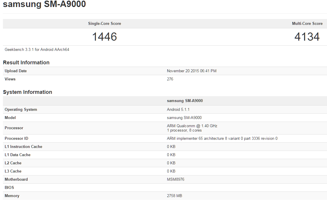 Samsung Galaxy A9 Geekbench Leak