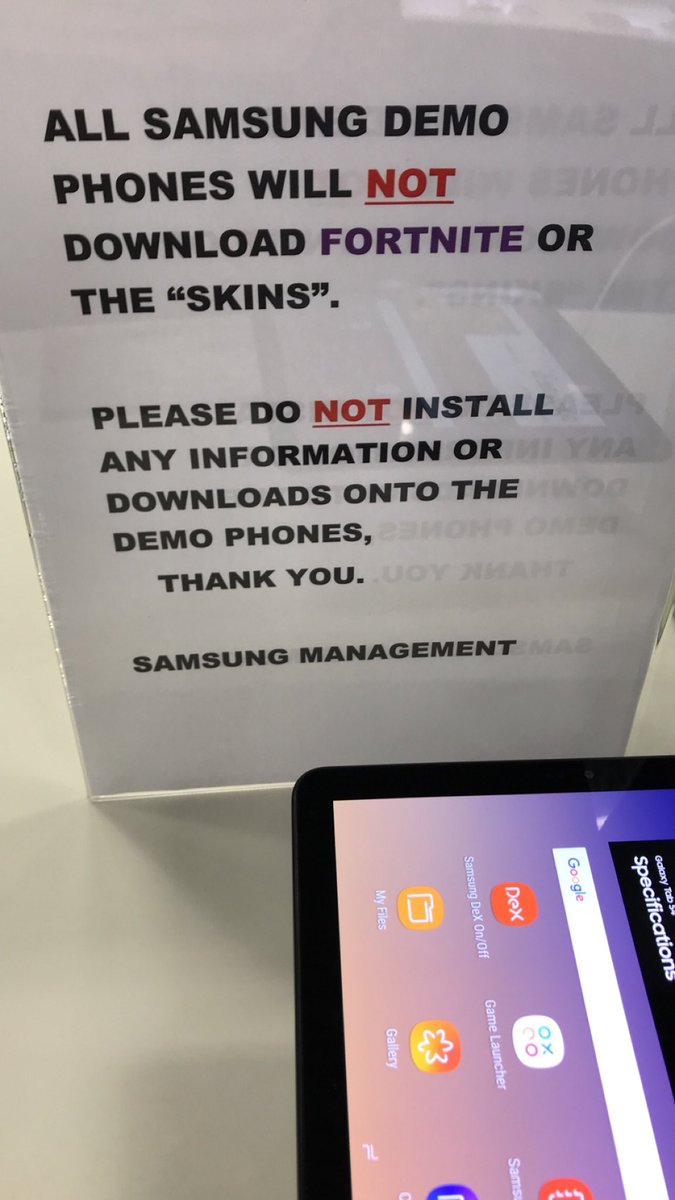 signs have been put up at retail locations in the united states informing visitors that samsung demo phones will not download fortnite - fortnite app store skin