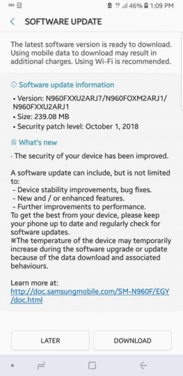 Galaxy Note 9 update, November patch not included