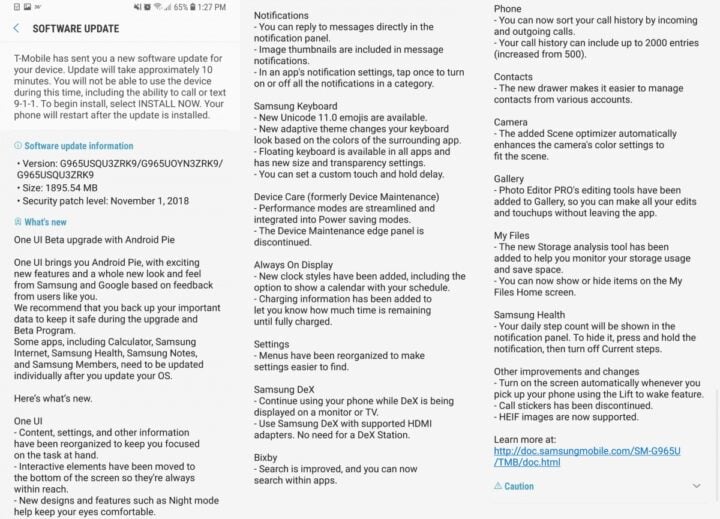 Galaxy S9 One UI beta, Android Pie