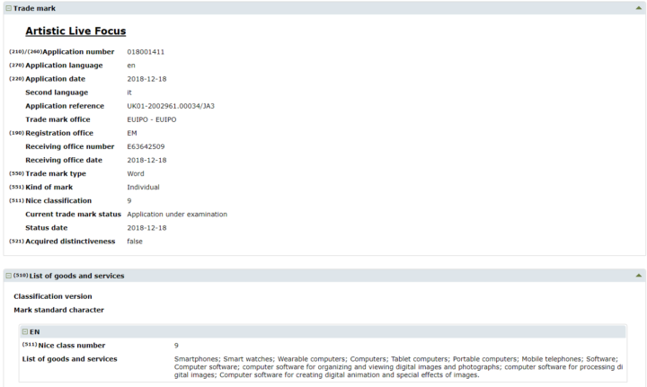 samsung artistic live focus trademark