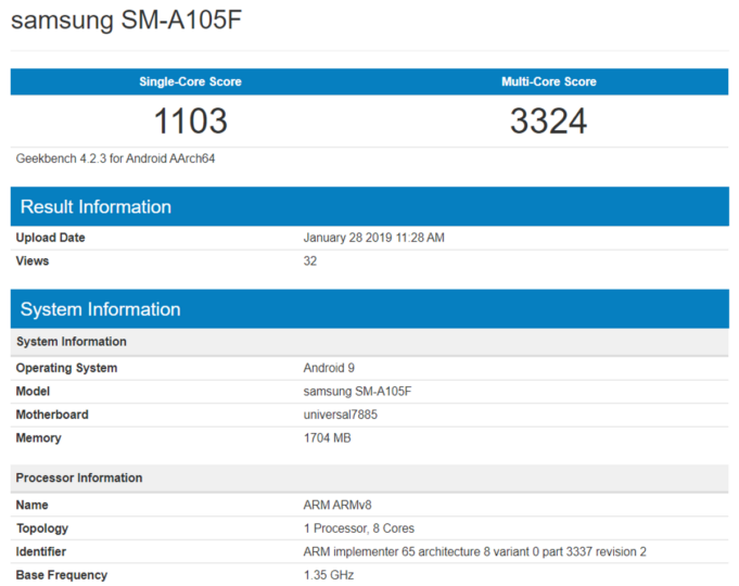 samsung galaxy a10 specs geekbench sm-a105f