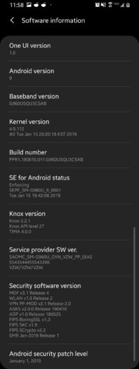 Verizon Galaxy S9 Android Pie