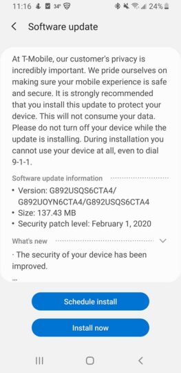 Samsung Galaxy S8 T-Mobile February 2020 Security Patch Update