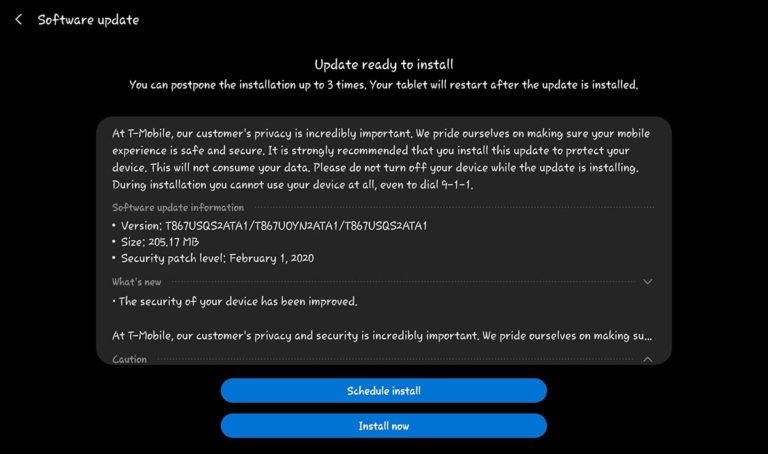 Samsung Galaxy Tab S6 LTE T-Mobile February 2020 Security Patch Update