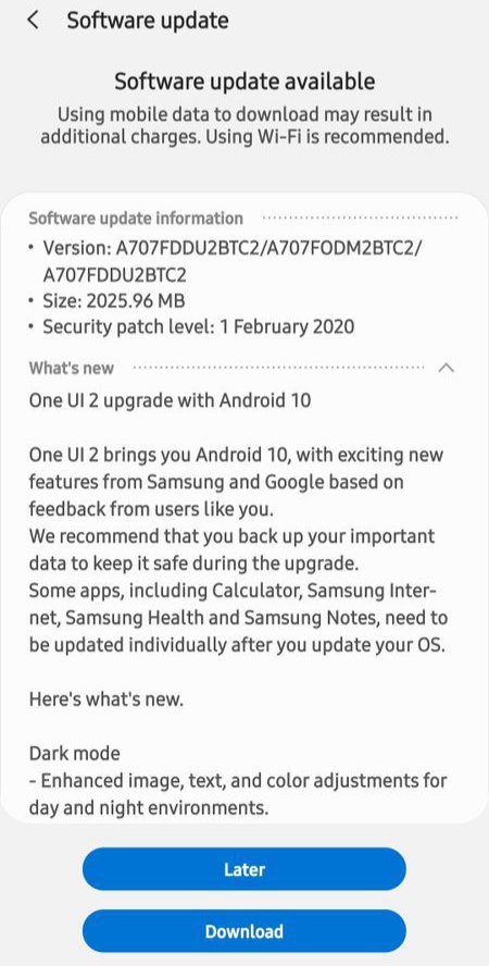 Samsung Galaxy A70s Android 10 Update One UI 2.0