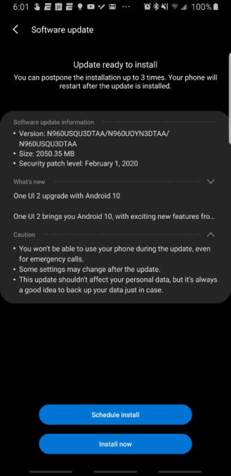 Samsung Galaxy Note 9 Sprint Android 10 One UI 2.0 Update