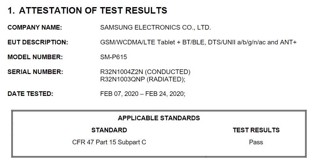 Samsung Galaxy Tab S6 Lite FCC Certification