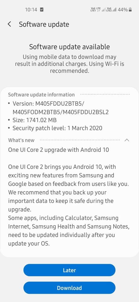 galaxy m40 android 10 update