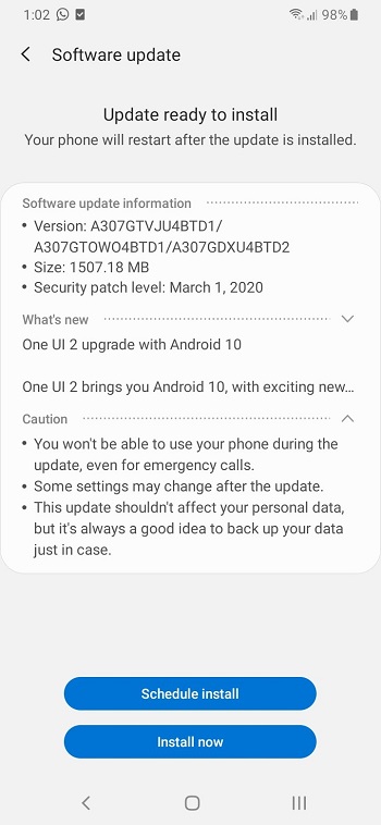 Samsung Galaxy A30s Android 10 Update Changelog