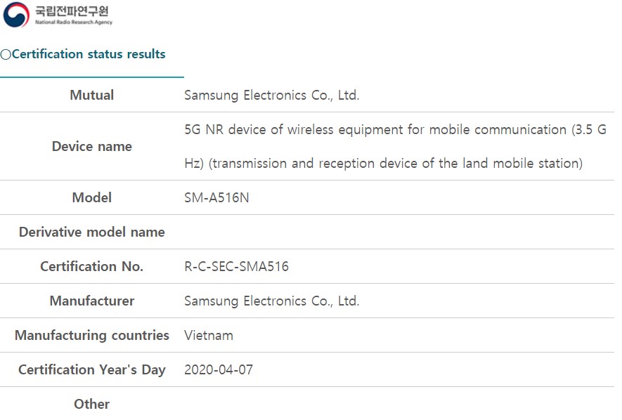 Samsung Galaxy A51 5G SM-A516N NRRA Certification