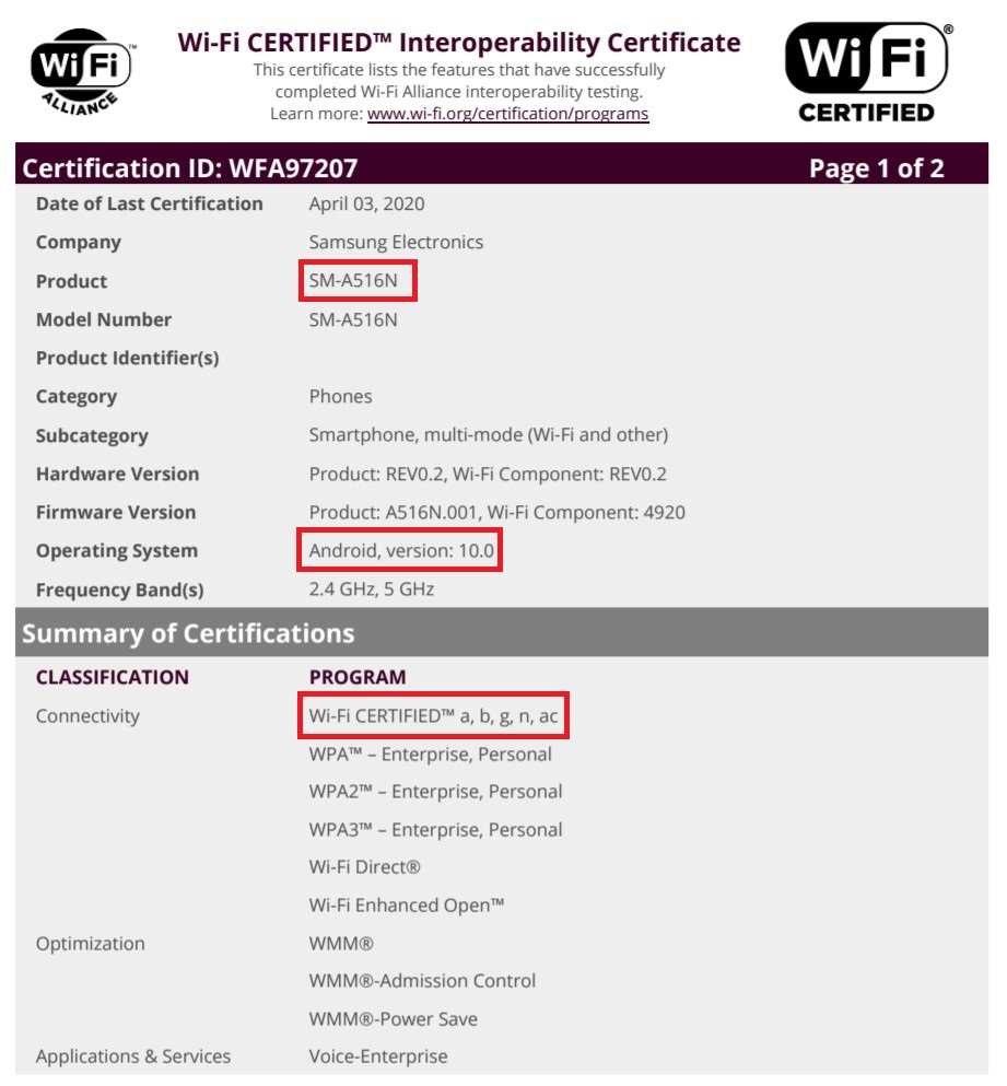 Samsung Galaxy A51 5G Wi-Fi Alliance Certification