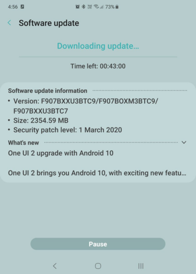 Samsung Galaxy Fold 5G Android 10 Update Changelog
