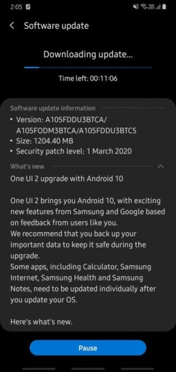 galaxy a10 android 10 update