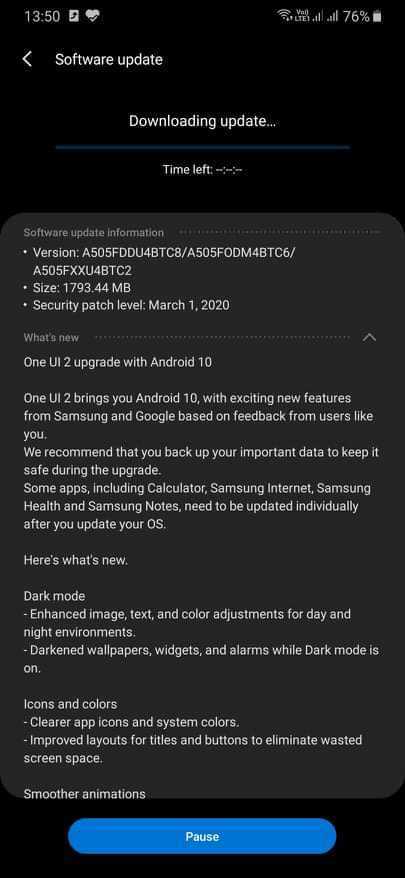 Samsung Galaxy A50 Android 10 Update India