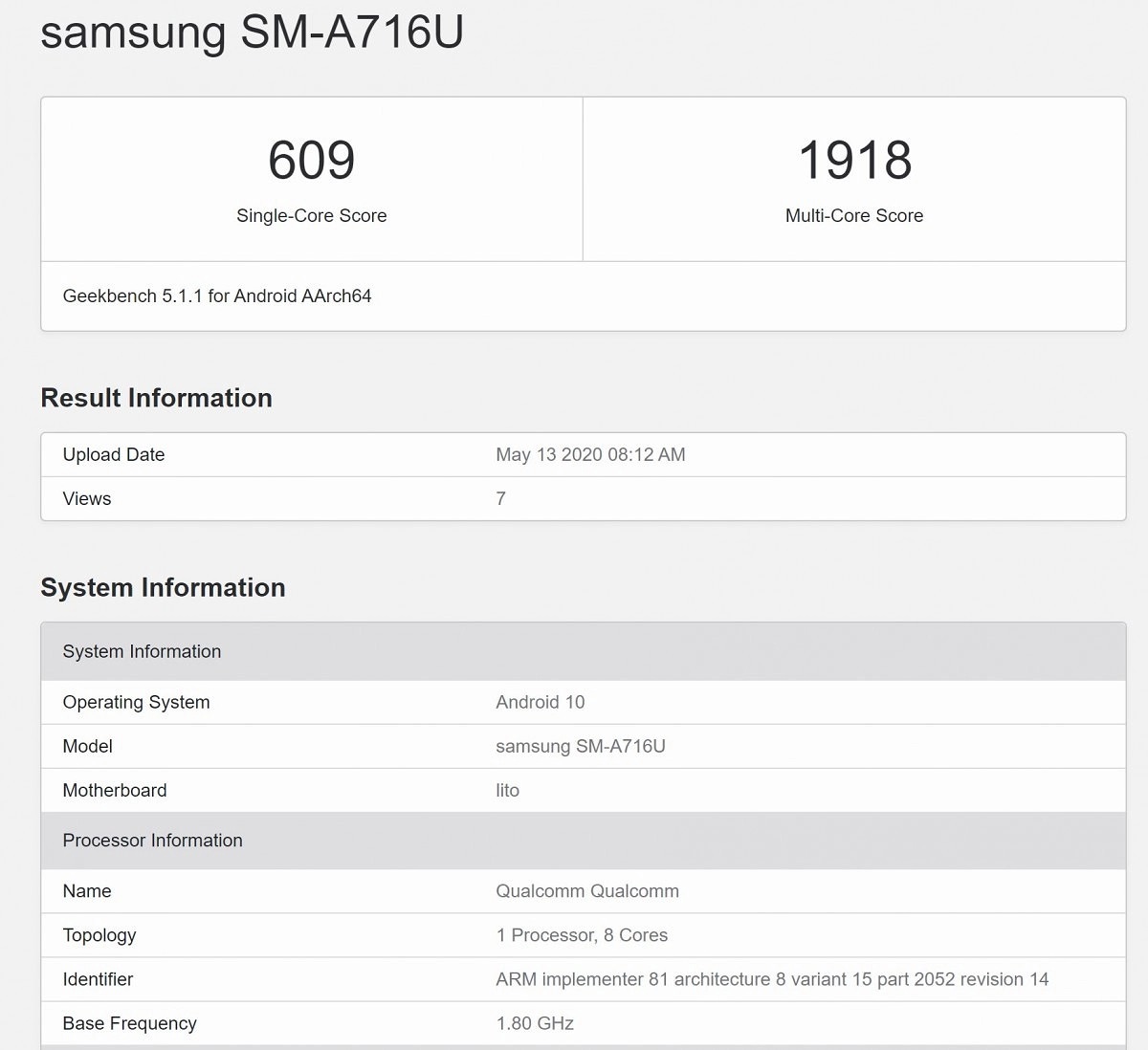 Samsung Galaxy A71 5G (SM-A716U) Geekbench