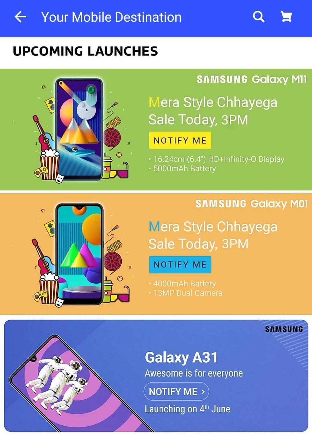 Samsung Galaxy A31, M01, M11 Flipkart India