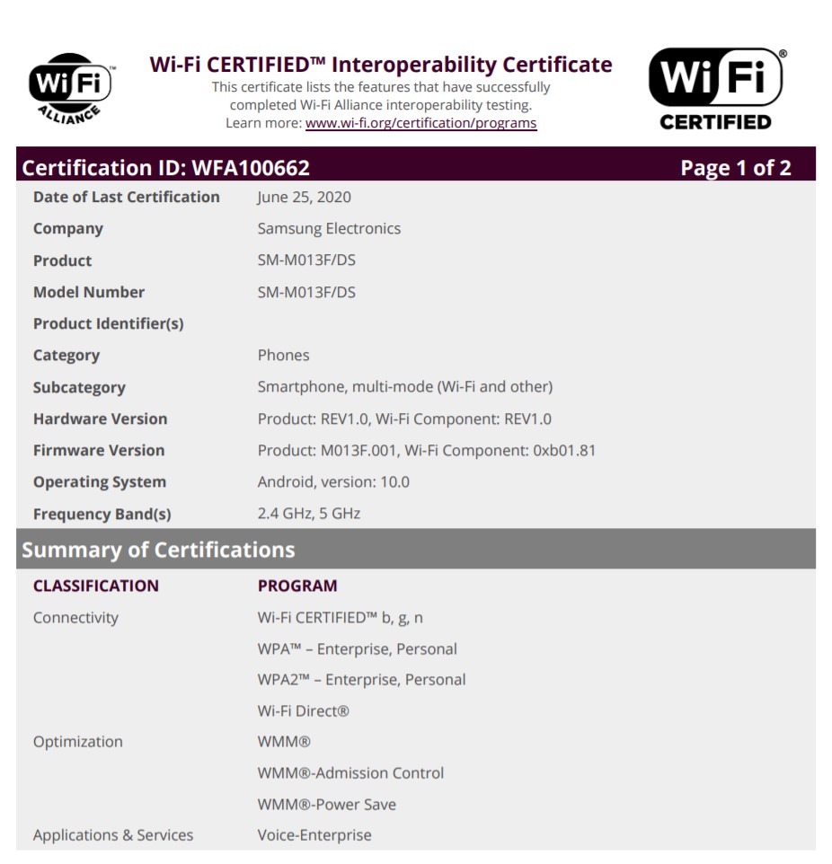 Samsung Galaxy M01 Core Wi-Fi Certification - 01