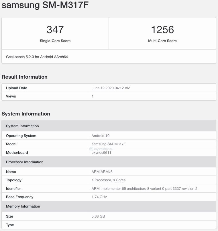 Samsung Galaxy M31s Processor RAM Geekbench Score