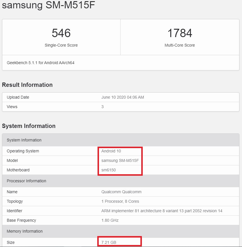Samsung Galaxy M51 SM-M515F Geekbench Listing