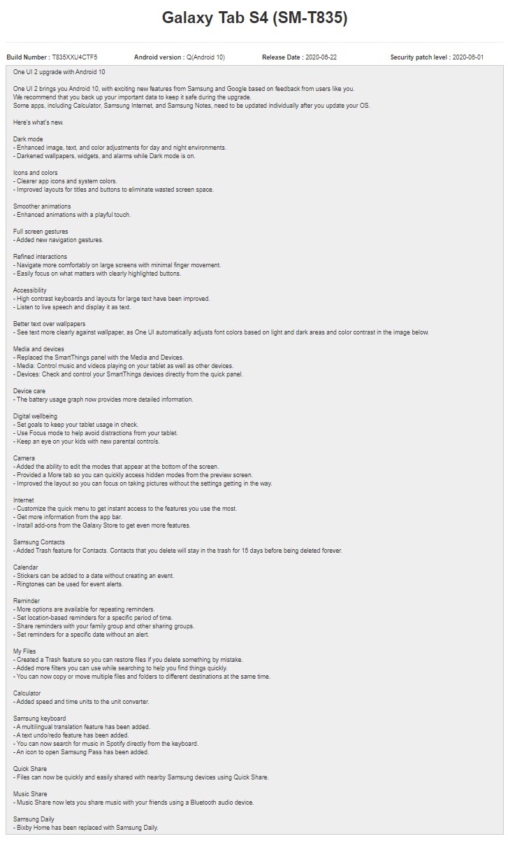 Samsung Galaxy Tab S4 Android 10 Update June 2020 Security Patch