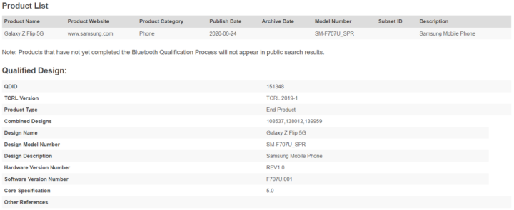 Samsung Galaxy Z Flip 5G SM-F707U SPR Bluetooth Certification