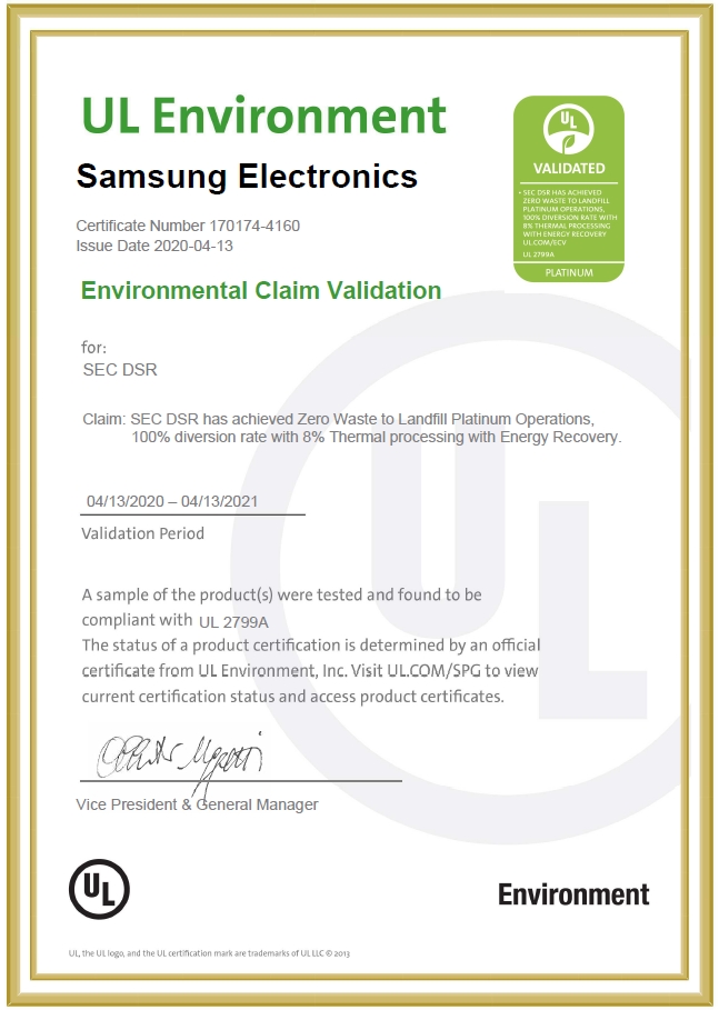 Samsung Semiconductor Zero Waste To Landfill - Waste Management Certification Underwriters Laboratories