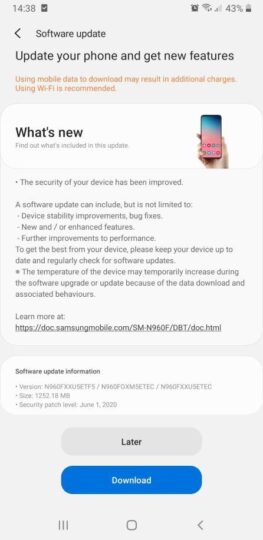 galaxy note 9 one ui 2.1 update