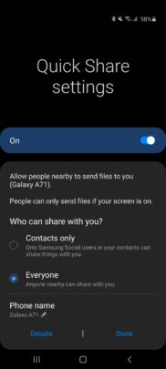 Samsung Galaxy A71 One UI 2.1 Update Quick Share