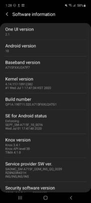 Samsung Galaxy A71 One UI 2.1 Update Version