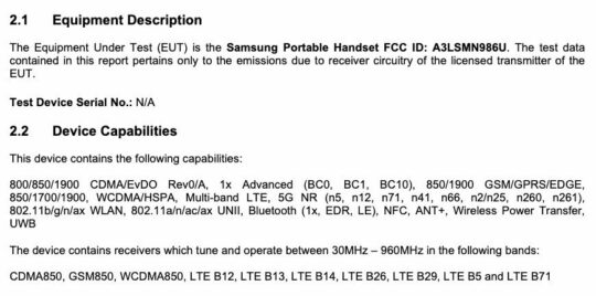 Samsung Galaxy Note 20 Ultra SM-N986U SM-N986U1 FCC Certification Connectivity Features