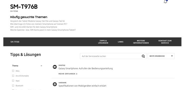 Samsung Galaxy Tab S7+ SM-T976B Support Webpage