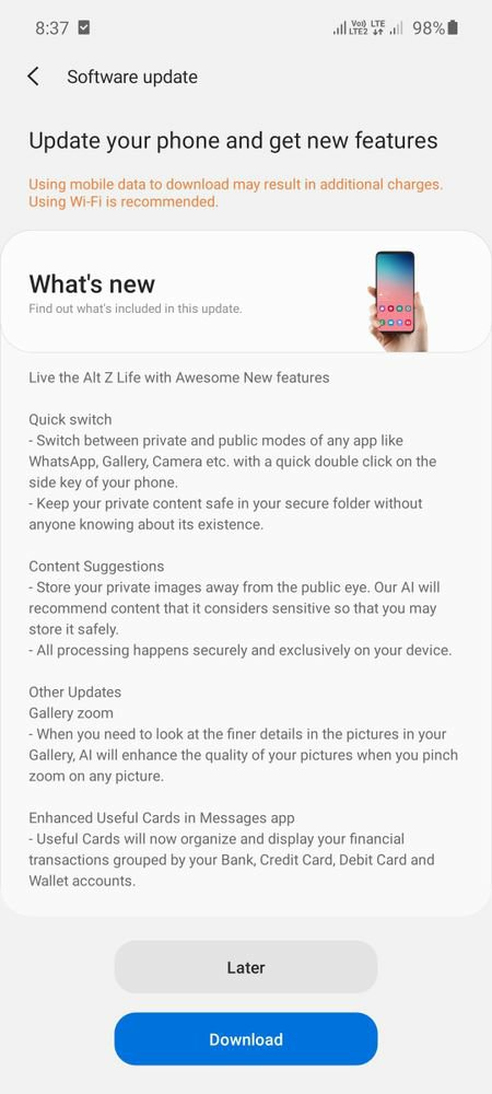 Samsung Galaxy A51 Alt Z Life Feature Software Update