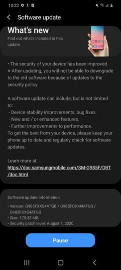 Galaxy S20 August security update