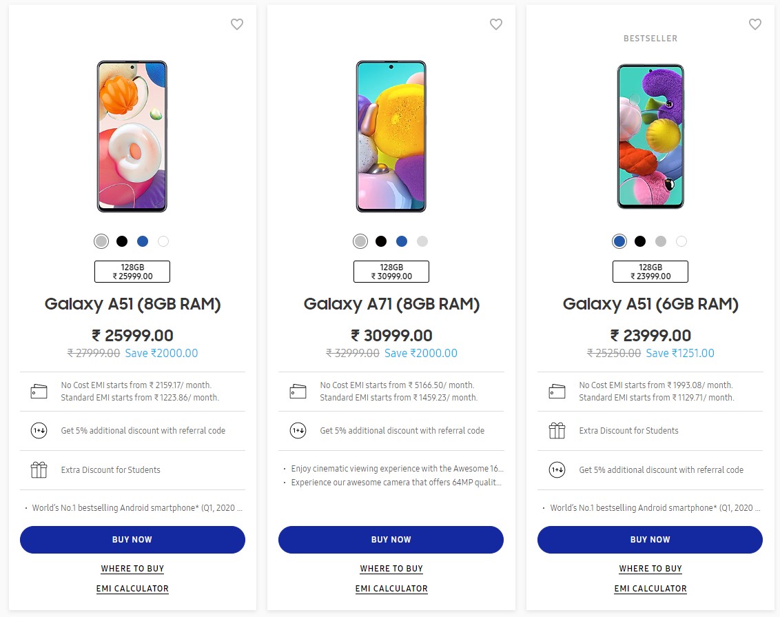 Samsung Galaxy A51 A71 India Price Drops