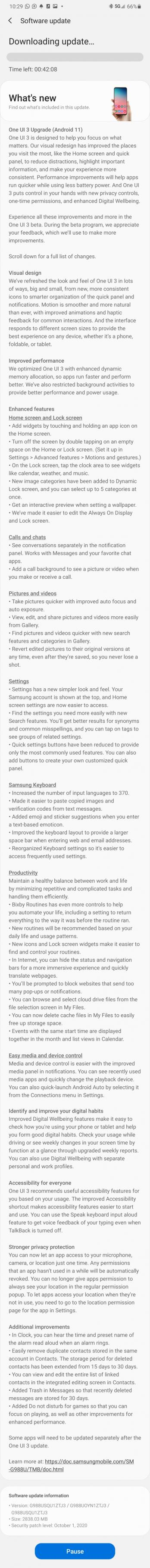 Samsung Galaxy S20 Ultra One UI 3.0 Public Beta Update Changelog USA