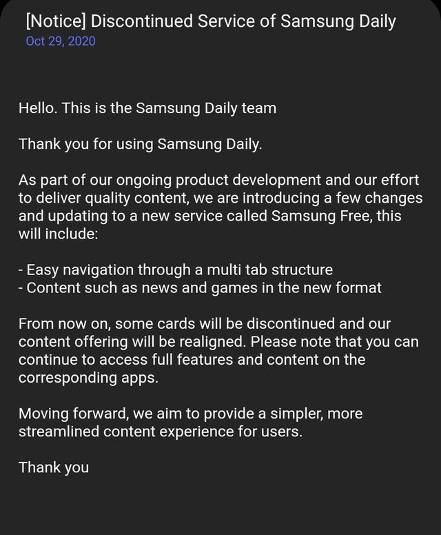 Samsung Daily Discontinuation Samsung Free