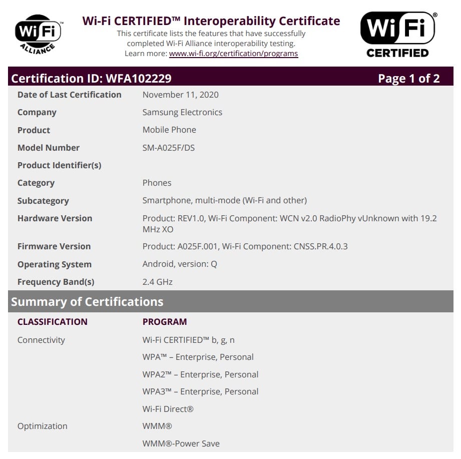 Samsung Galaxy A02 Wi-Fi Certification