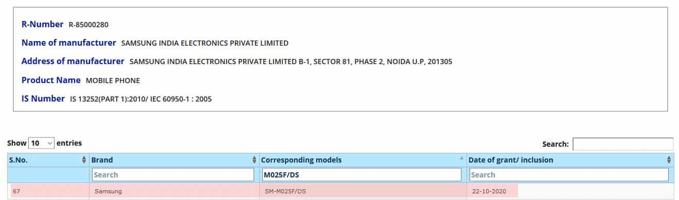 Samsung Galaxy M02 BIS Certification