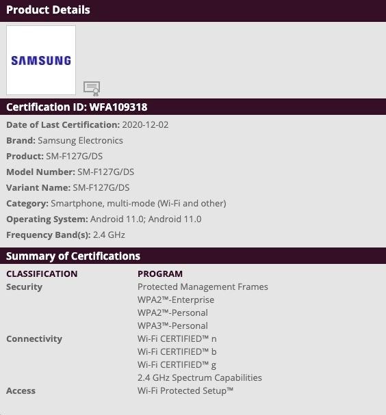 Samsung Galaxy M12 SM-F127F Wi-Fi Certification