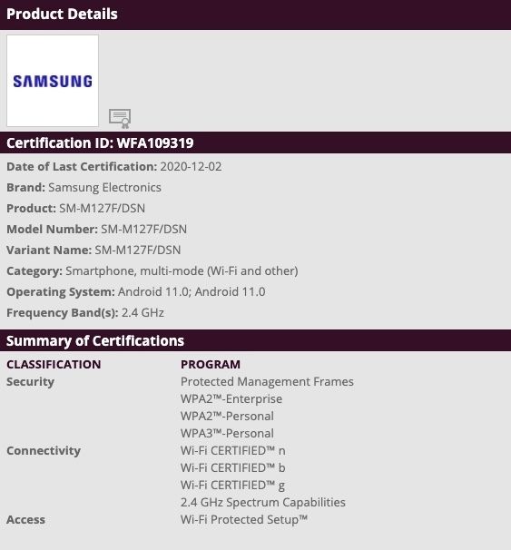 Samsung Galaxy M12 SM-M127F Wi-Fi Certification