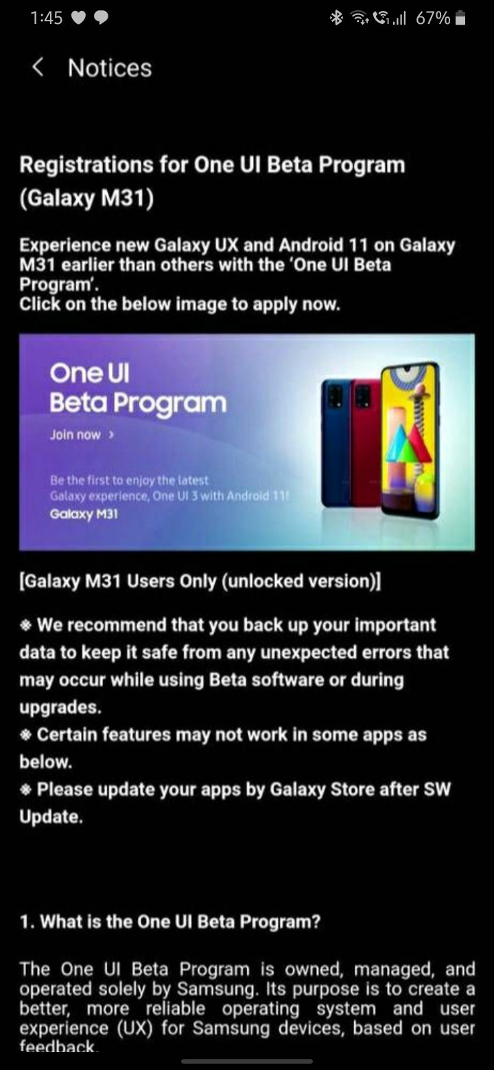 Samsung Galaxy M31 One UI 3.0 Beta Update Program Registration