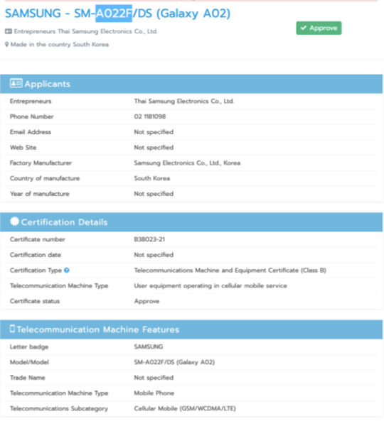 Samsung Galaxy A02 SM-A022F NBTC Certification