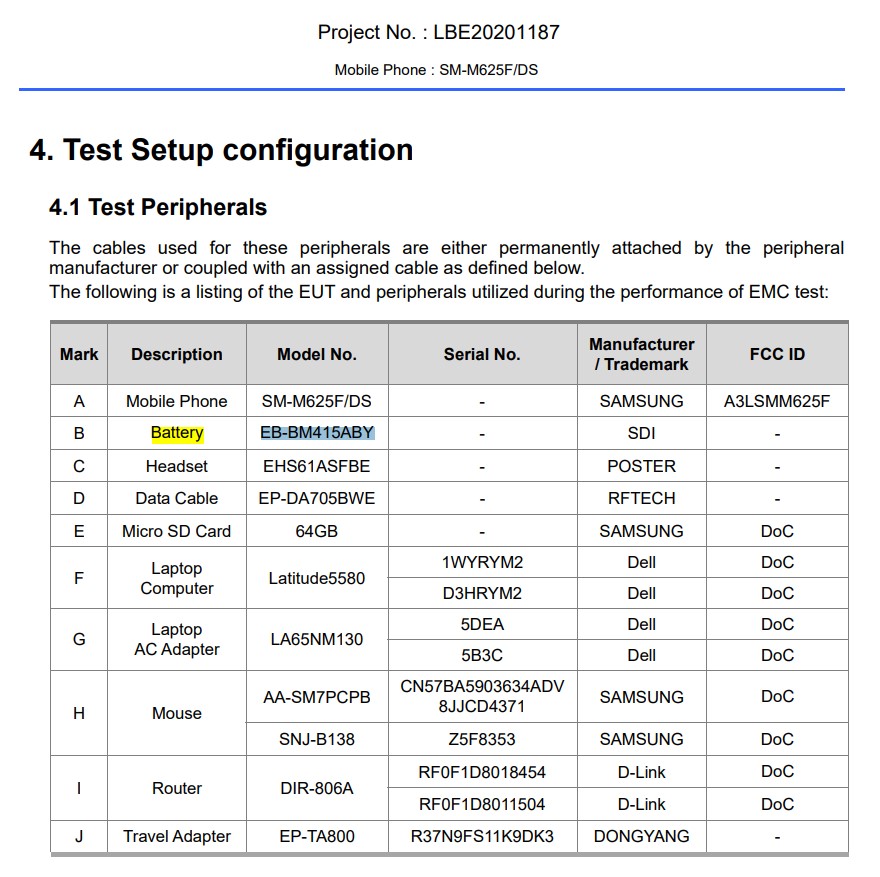 Samsung Galaxy M62 Battery FCC Certification