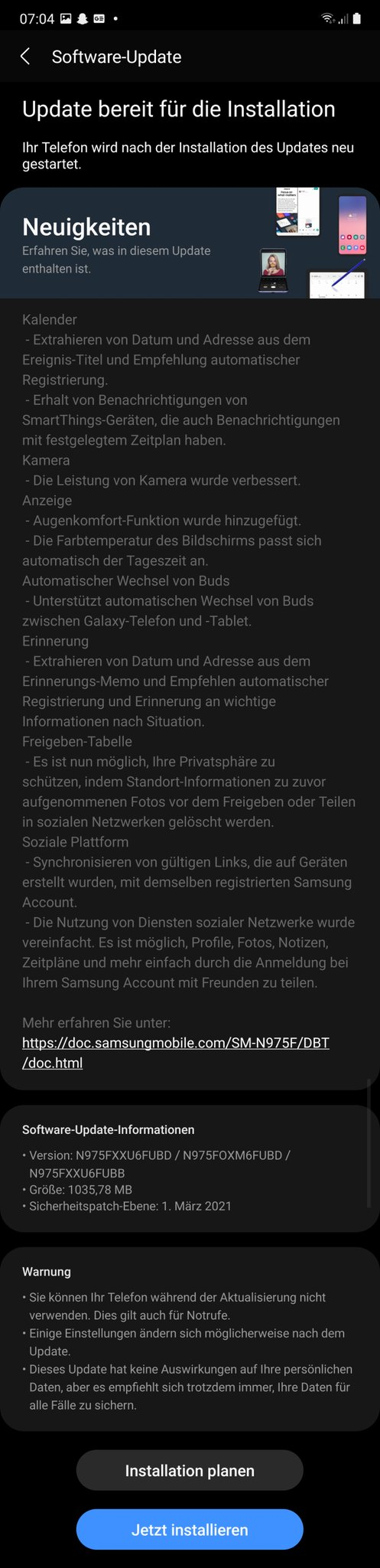 Samsung Galaxy Note 10+ One UI 3.1 Update Changelog
