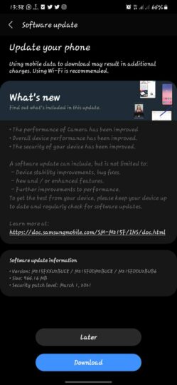 Samsung Galaxy M21 One UI 3.1 Update Changelog