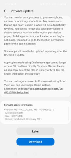 Samsung Galaxy M31s One UI 3.1 Update Changelog - 02
