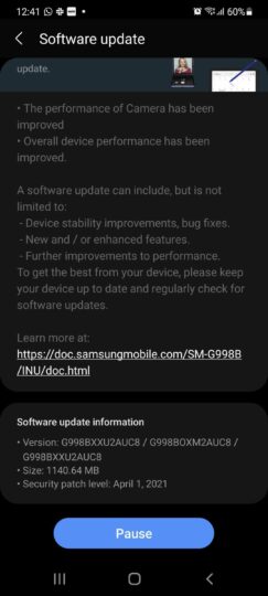 Samsung Galaxy S21 Ultra Firmware Update G998BXXU2AUC8