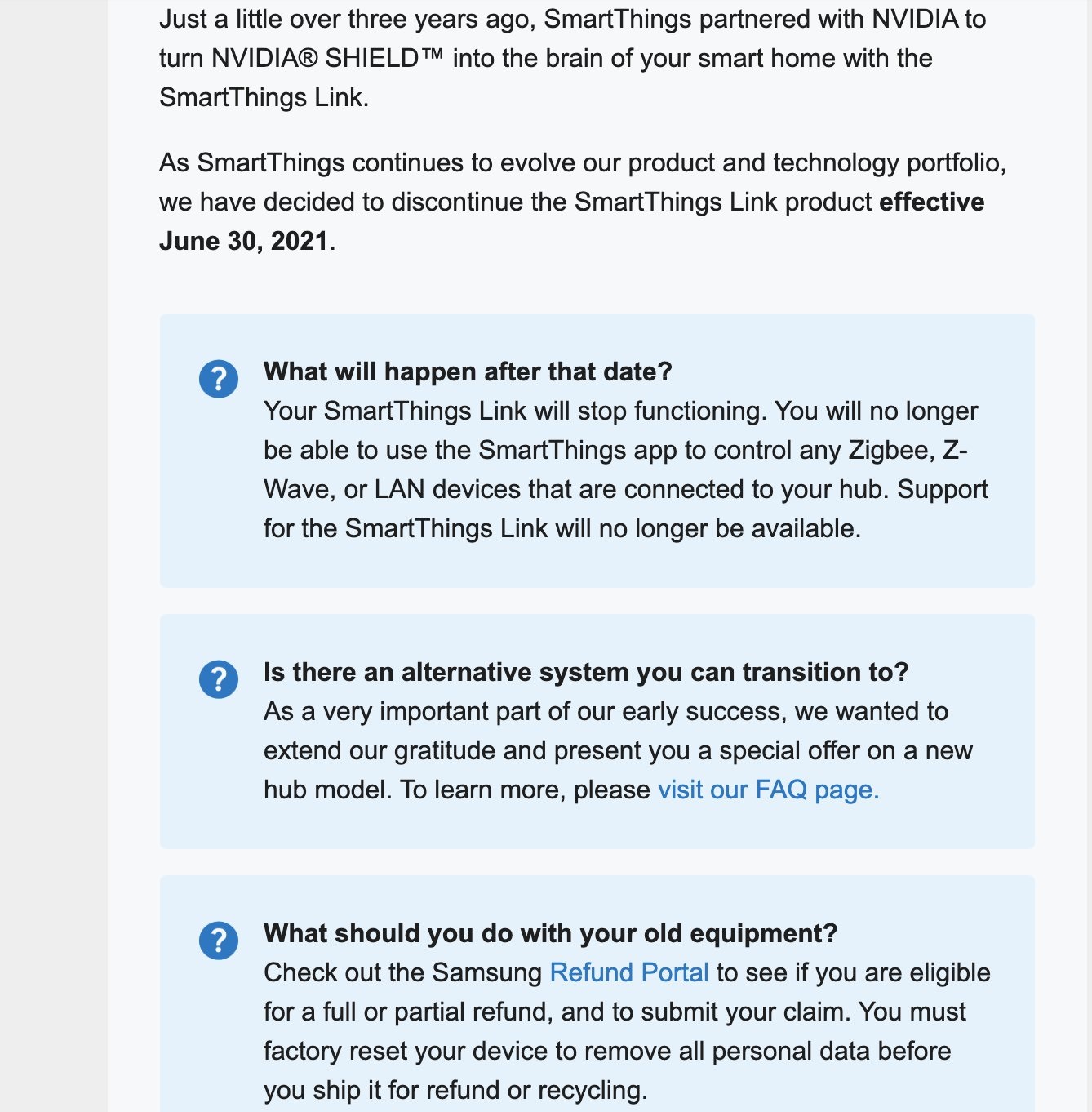 Samsung SmartThings Link Support Discontinuation Notice