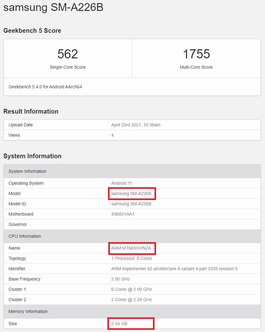 Samsung Galaxy A22 5G Processor RAM Geekbench Score